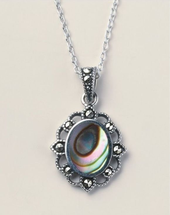 Sterling Silver Marcasite and Abalone Necklace 1 Sterling Silver Marcasite and Abalone Necklace