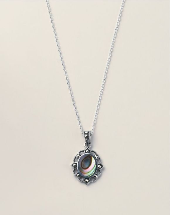 Sterling Silver Marcasite and Abalone Necklace 2 Sterling Silver Marcasite and Abalone Necklace - Image 2